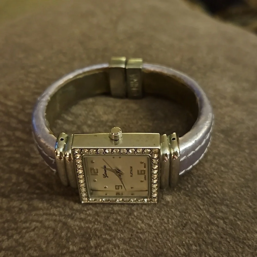 GENEVA Square Face Rhinestone Metallic Lavendar Cuff Watch